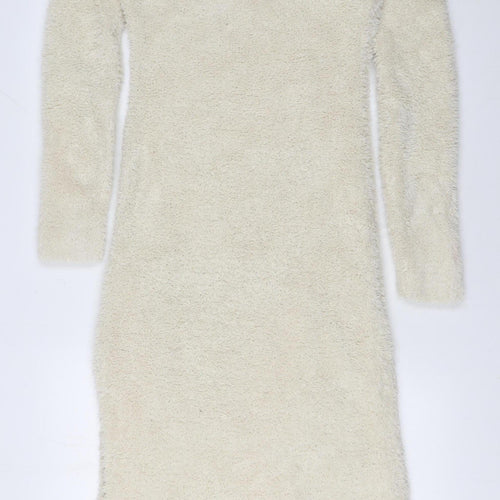H&M Women Ivory Long Sleeve Fluffy Knit Bodycon Midi Dress Size S