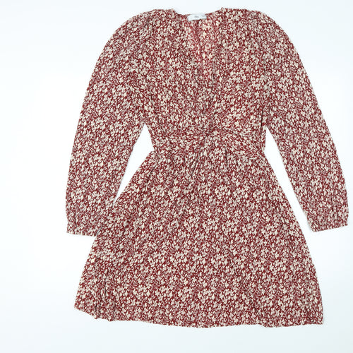 Mango Women Red Floral A-Line Short Dress Size 12 Long Sleeve