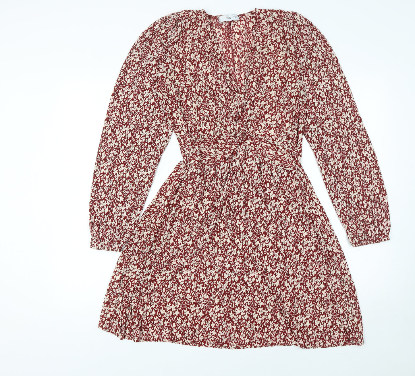 Mango Women Red Floral A-Line Short Dress Size 12 Long Sleeve