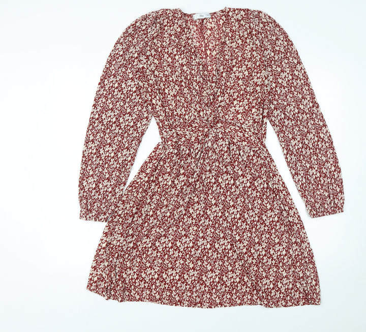 Mango Women Red Floral A-Line Short Dress Size 12 Long Sleeve