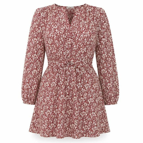 Mango Women Red Floral A-Line Short Dress Size 12 Long Sleeve