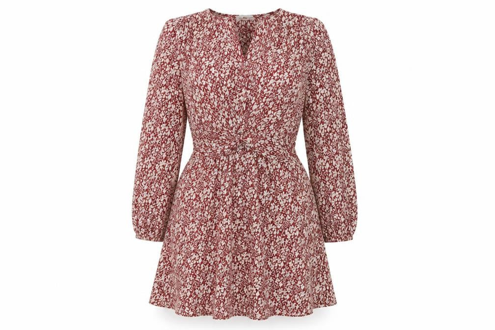 Mango Women Red Floral A-Line Short Dress Size 12 Long Sleeve