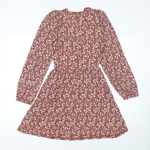 Mango Women Red Floral A-Line Short Dress Size 12 Long Sleeve