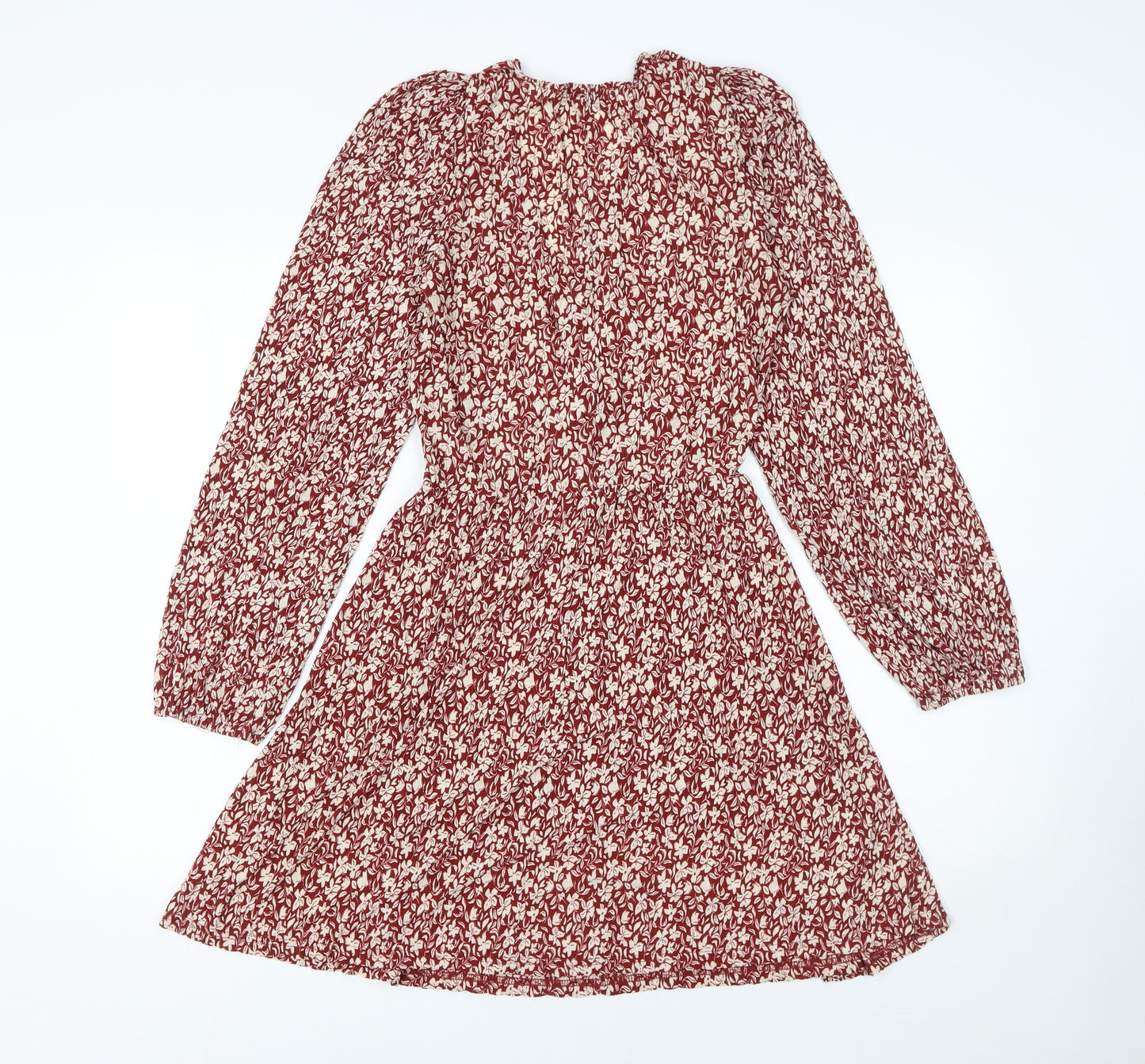 Mango Women Red Floral A-Line Short Dress Size 12 Long Sleeve