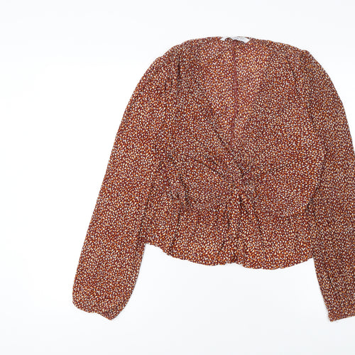 Mango Women Brown Floral Long Sleeve V-Neck Tunic Blouse Size L