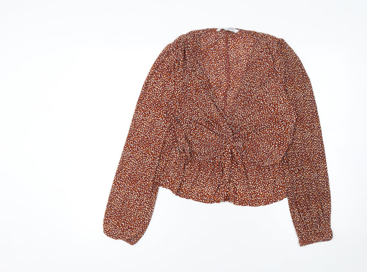 Mango Women Brown Floral Long Sleeve V-Neck Tunic Blouse Size L