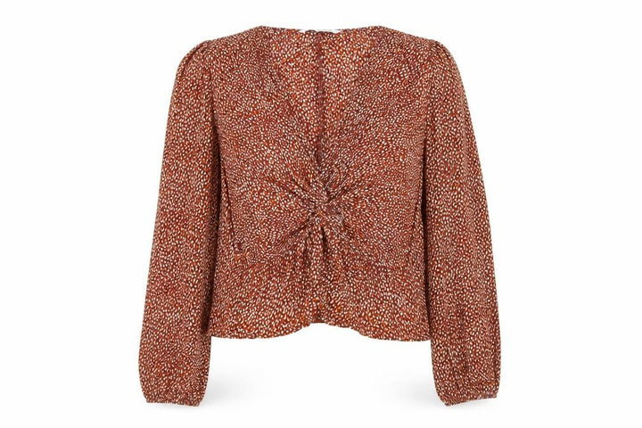 Mango Women Brown Floral Long Sleeve V-Neck Tunic Blouse Size L
