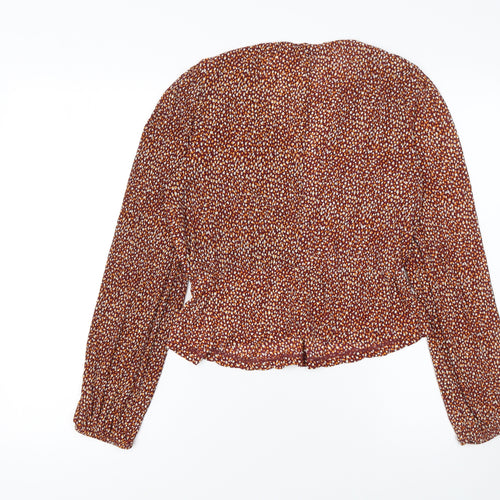 Mango Women Brown Floral Long Sleeve V-Neck Tunic Blouse Size L