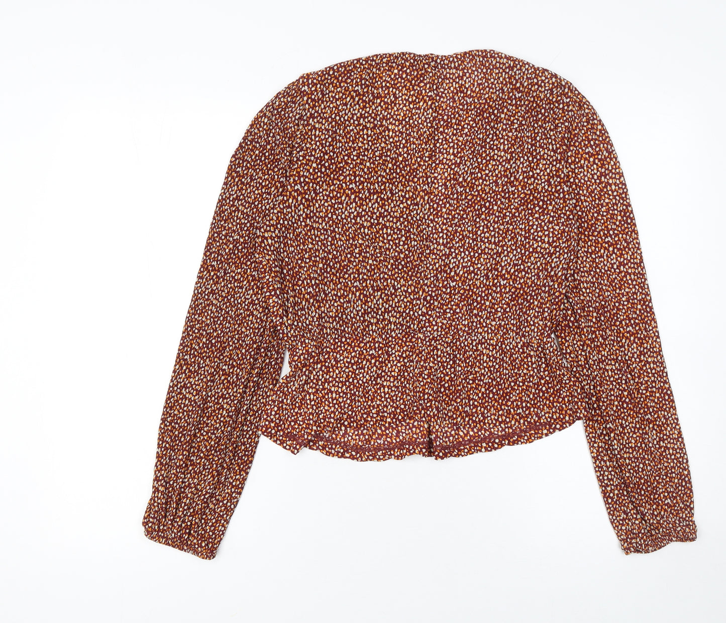 Mango Women Brown Floral Long Sleeve V-Neck Tunic Blouse Size L