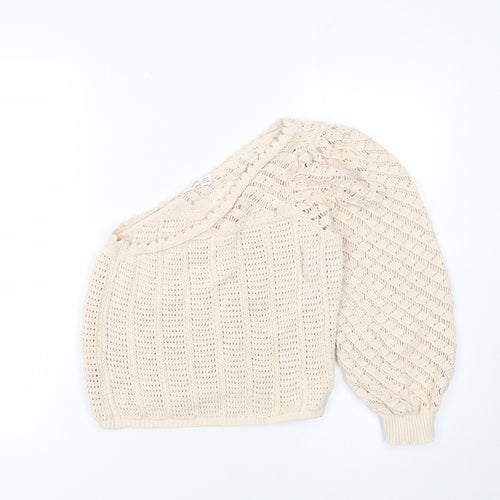 MNG Women Beige Open-Knit One Shoulder Pullover Jumper Size S