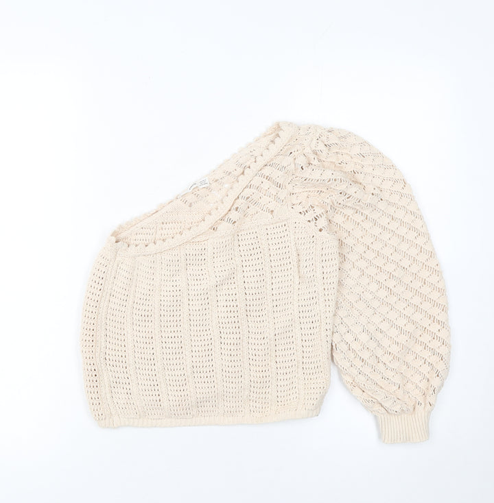 MNG Women Beige Open-Knit One Shoulder Pullover Jumper Size S