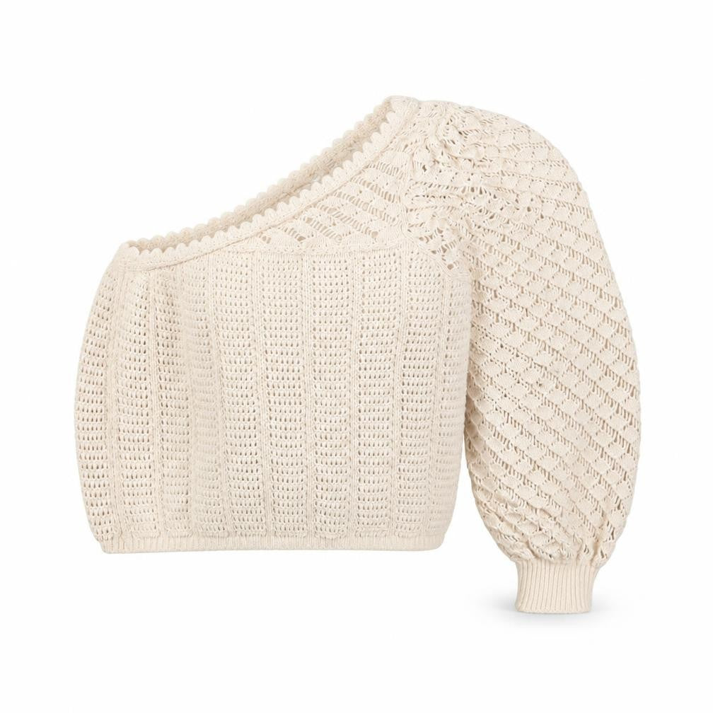 Front view of Mango Women Beige Open-Knit One Shoulder jumper, size S