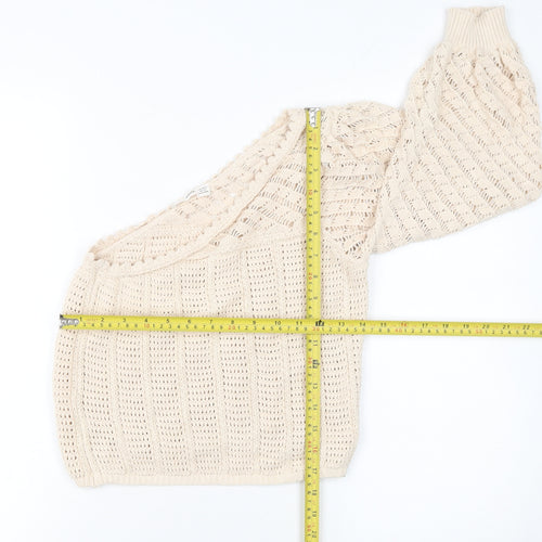 MNG Women Beige Open-Knit One Shoulder Pullover Jumper Size S