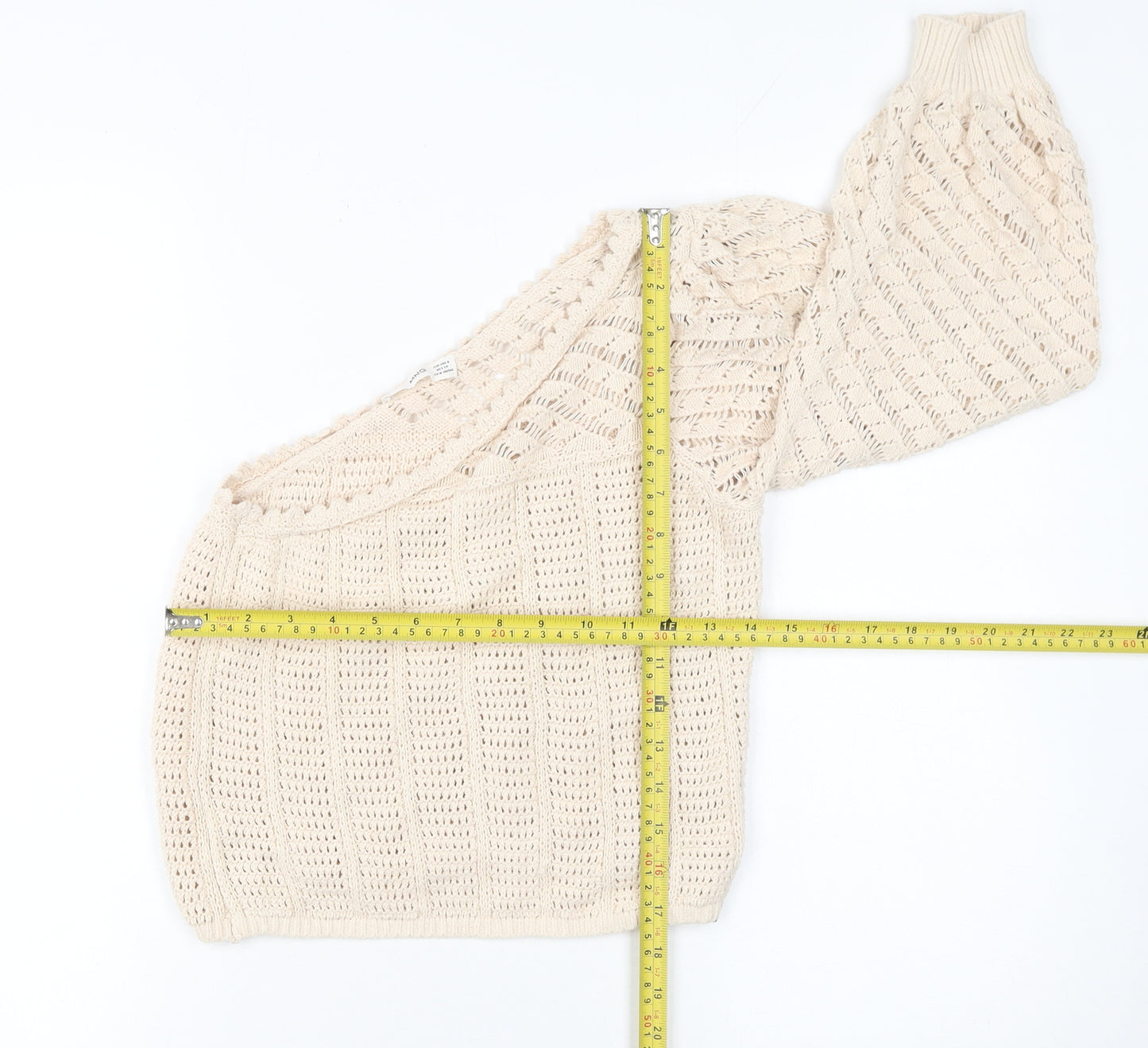 MNG Women Beige Open-Knit One Shoulder Pullover Jumper Size S