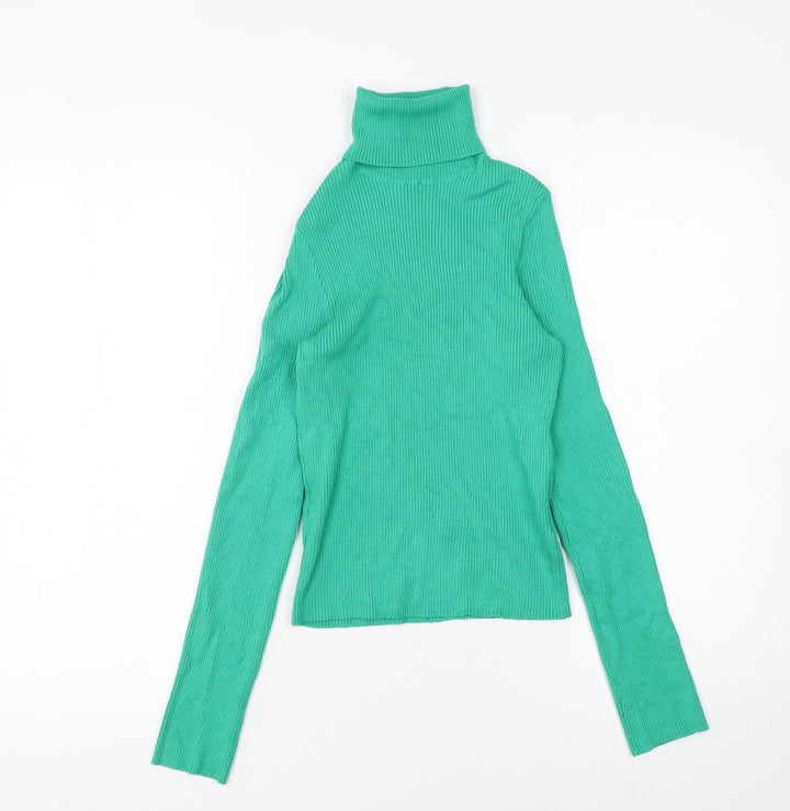 H&M Women Green Roll Neck Rib Knit Slim Fit Jumper Size S
