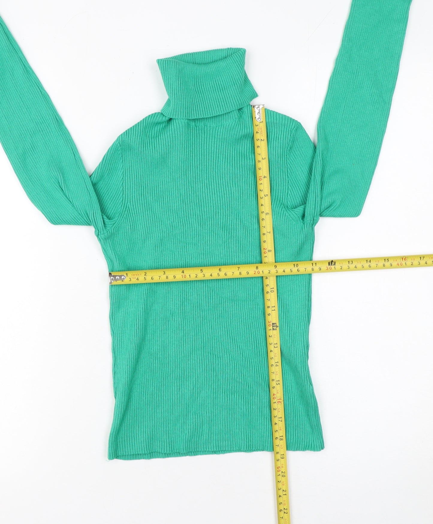 H&M Women Green Roll Neck Rib Knit Slim Fit Jumper Size S