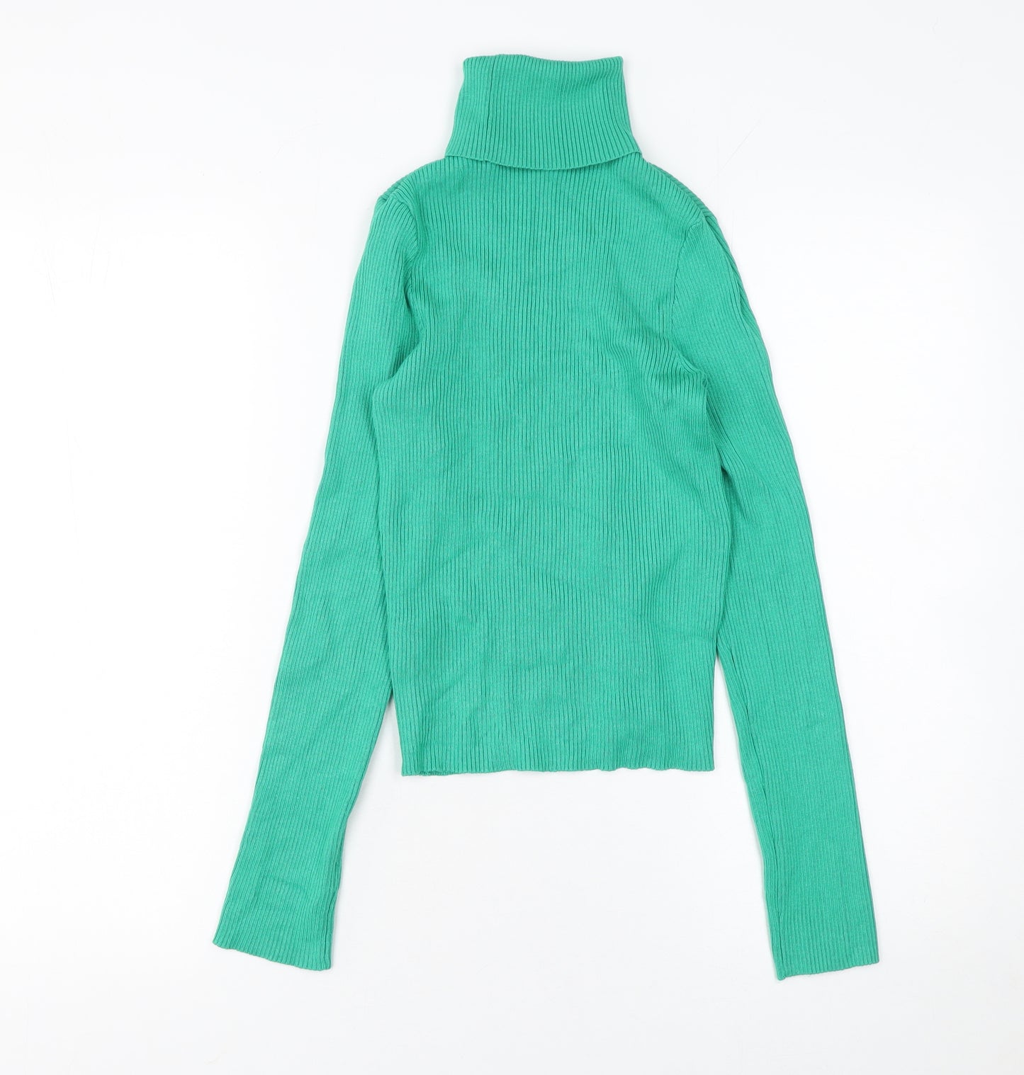 H&M Women Green Roll Neck Rib Knit Slim Fit Jumper Size S