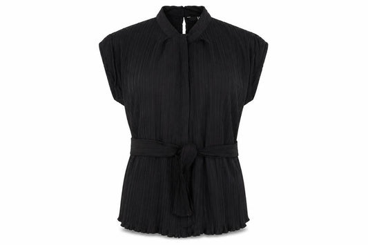 Front view of Very Women's Black Pleated Belted Tunic Blouse, size 12