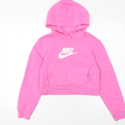 Nike Girls Pink Pullover Hoodie Size 146 Fleece Logo Sweatshirt