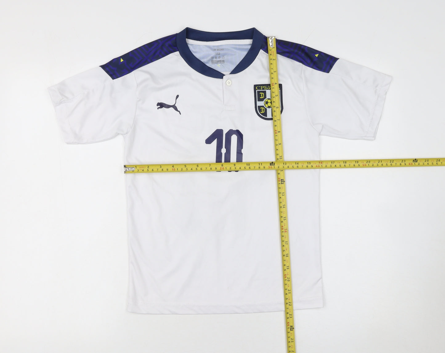 Puma Boys White Serbia Football Jersey T-Shirt Size 152 Lightweight Sports Top