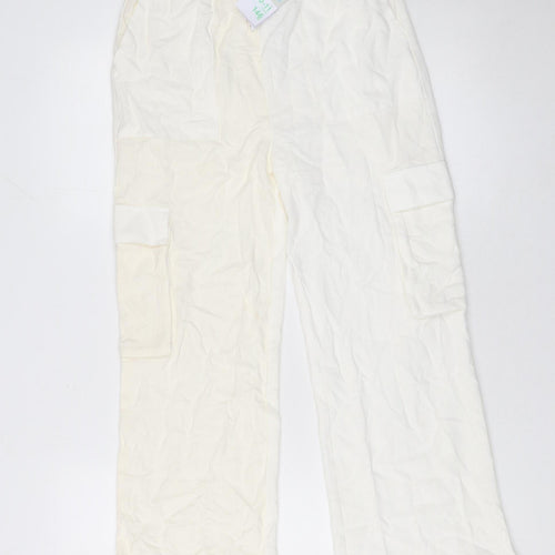 Primark Girls Ivory Cargo Linen Blend Trousers 10-11 Years Lightweight Elastic Waist