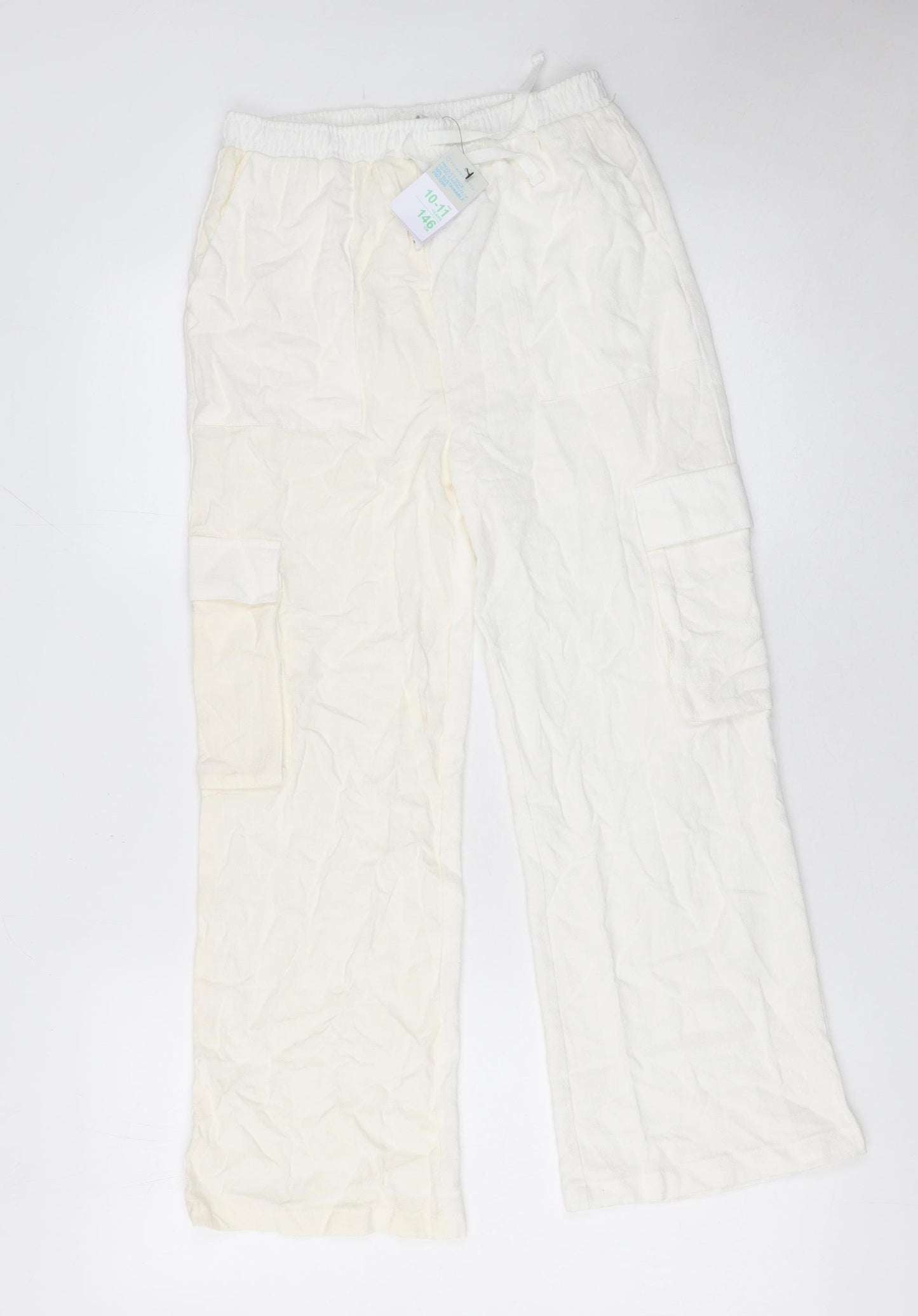 Primark Girls Ivory Cargo Linen Blend Trousers 10-11 Years Lightweight Elastic Waist