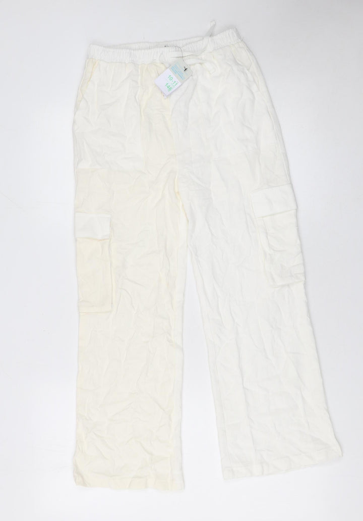 Primark Girls Ivory Cargo Linen Blend Trousers 10-11 Years Lightweight Elastic Waist