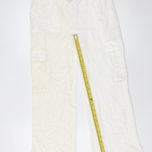 Primark Girls Ivory Cargo Linen Blend Trousers 10-11 Years Lightweight Elastic Waist