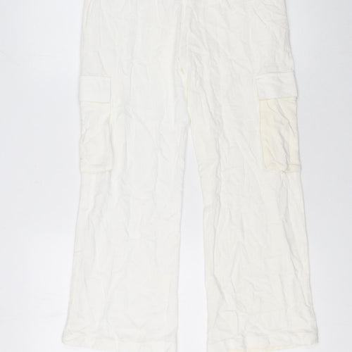 Primark Girls Ivory Cargo Linen Blend Trousers 10-11 Years Lightweight Elastic Waist