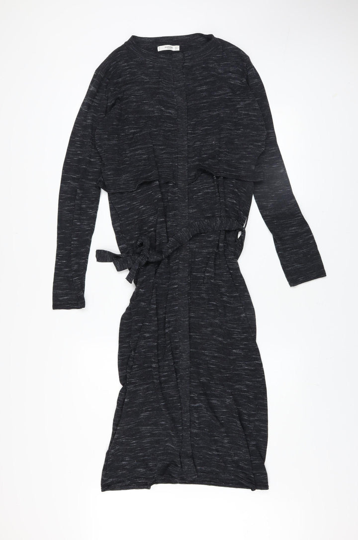 Mango Women Black Midi Wrap Dress Size 10 Long Sleeve Belted