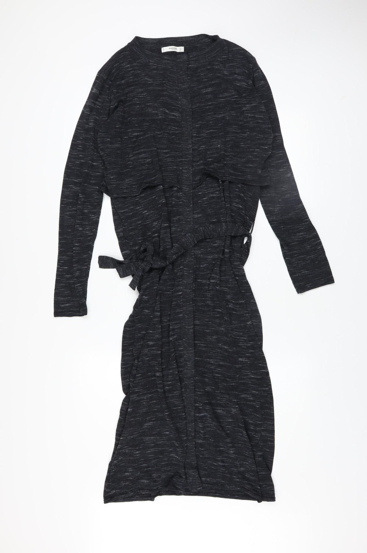 Mango Women Black Midi Wrap Dress Size 10 Long Sleeve Belted