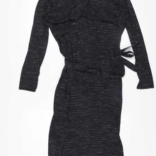 Mango Women Black Midi Wrap Dress Size 10 Long Sleeve Belted