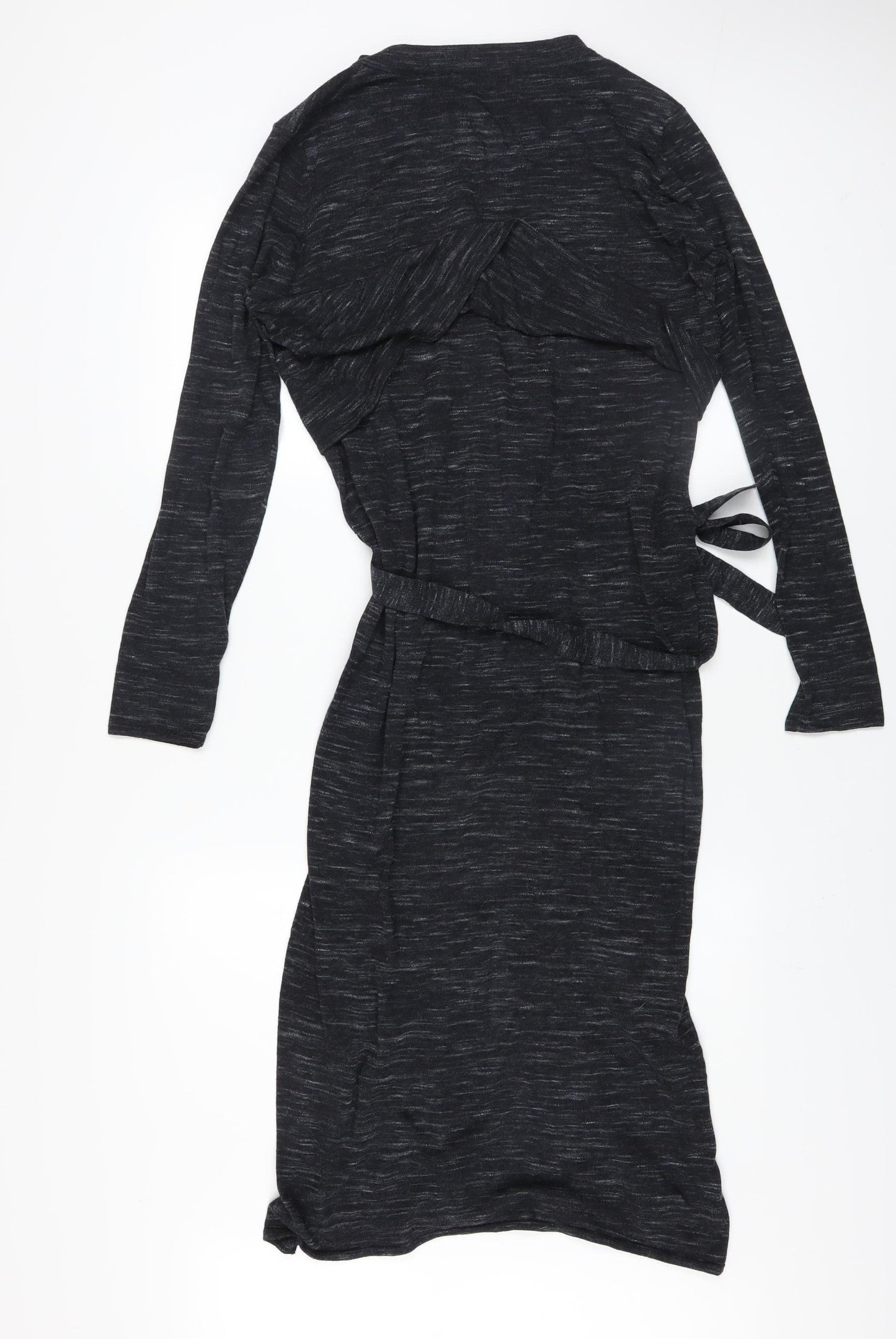 Mango Women Black Midi Wrap Dress Size 10 Long Sleeve Belted