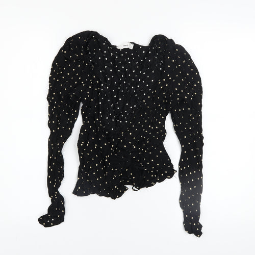 MNG Women's Black Polka Dot Wrap Ruffle Blouse Size 8
