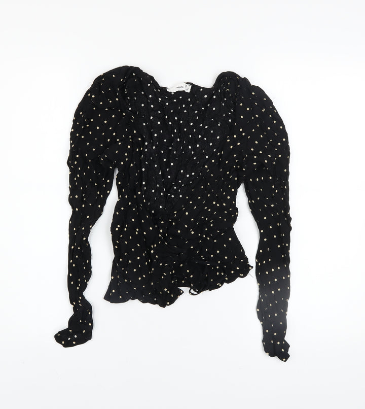 MNG Women's Black Polka Dot Wrap Ruffle Blouse Size 8