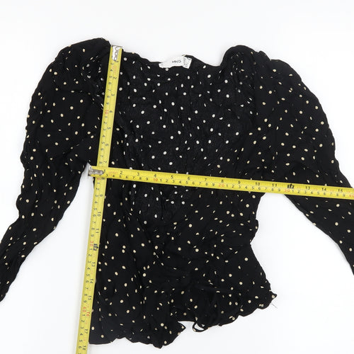MNG Women's Black Polka Dot Wrap Ruffle Blouse Size 8
