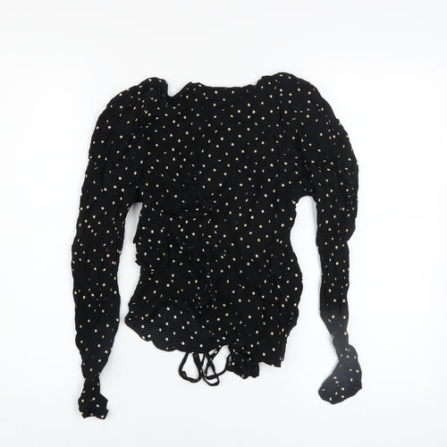 MNG Women's Black Polka Dot Wrap Ruffle Blouse Size 8