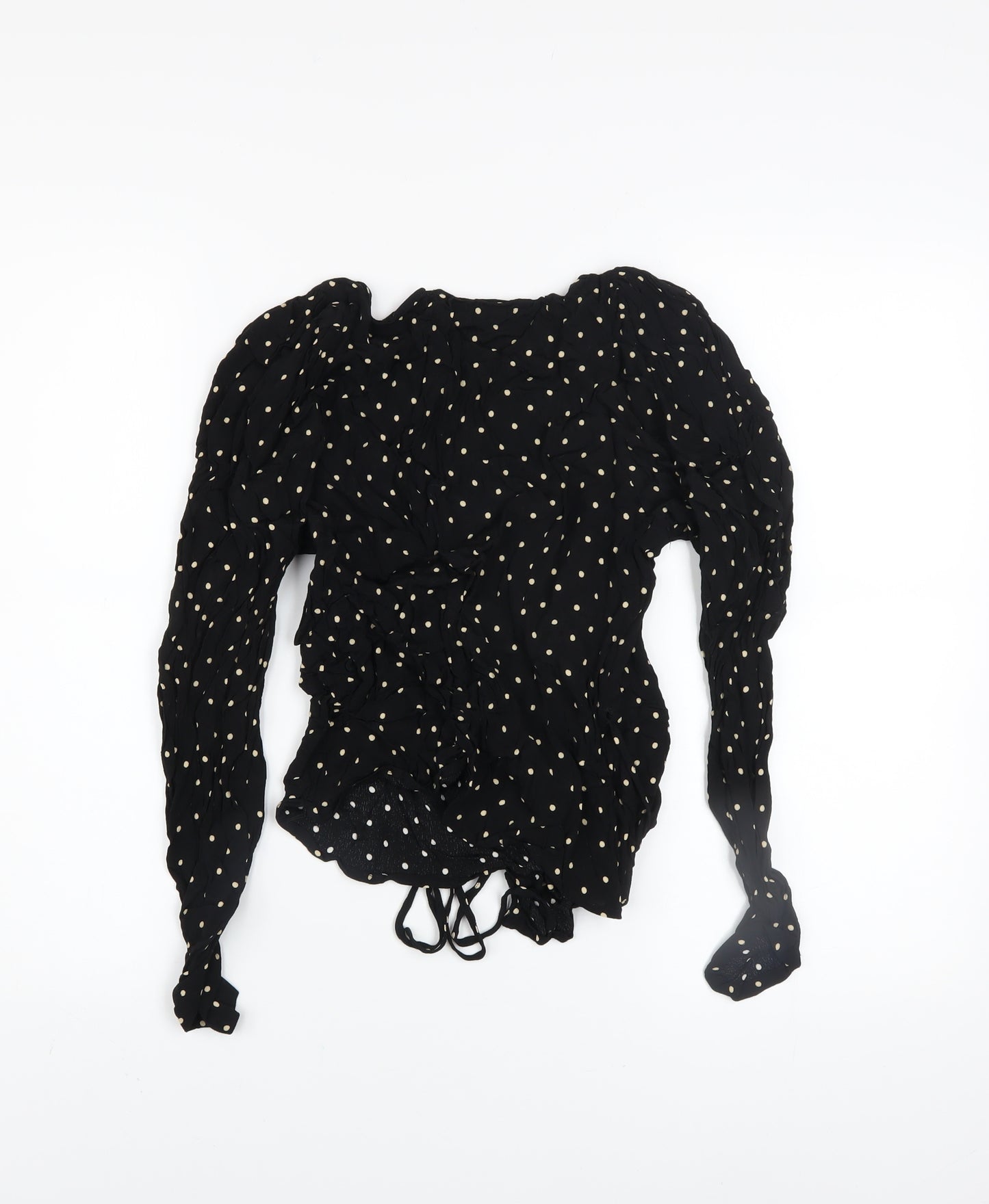 MNG Women's Black Polka Dot Wrap Ruffle Blouse Size 8