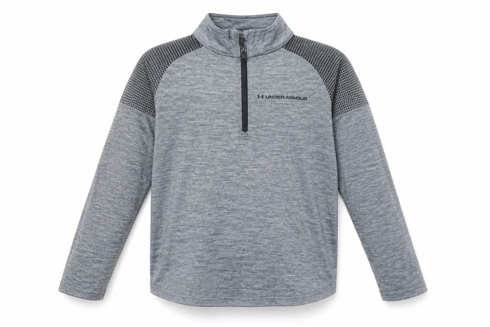 Front view of Under Armour boys’ grey 1/4 zip long sleeve pullover sweatshirt 7-8 years