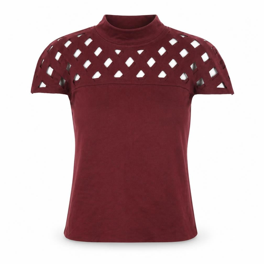 In Vogue Paris Womens Burgundy Mock Neck Cutout Top Size L Polyester Blend