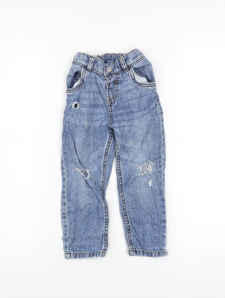 F&F Girls Blue Distressed Straight Jeans 2-3 Years Cotton Denim