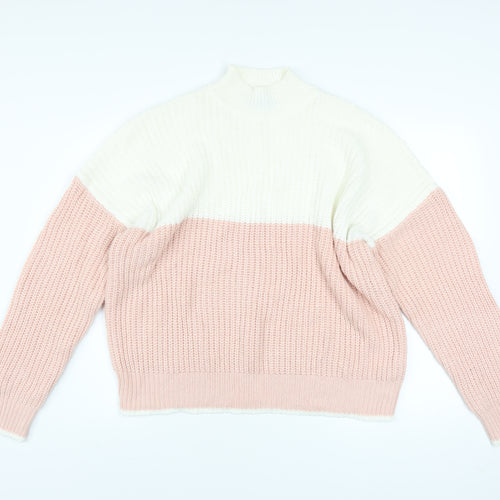 New Look Women's Pink & White Chunky Knit Mock Neck Jumper Size L