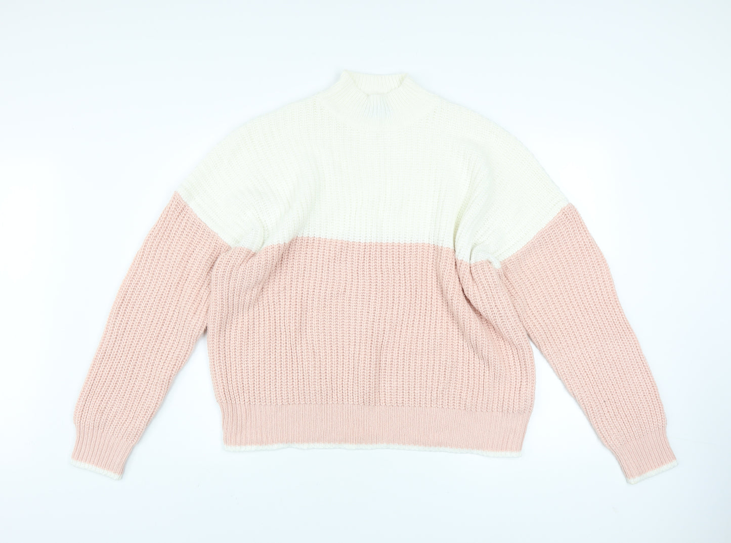 New Look Women's Pink & White Chunky Knit Mock Neck Jumper Size L