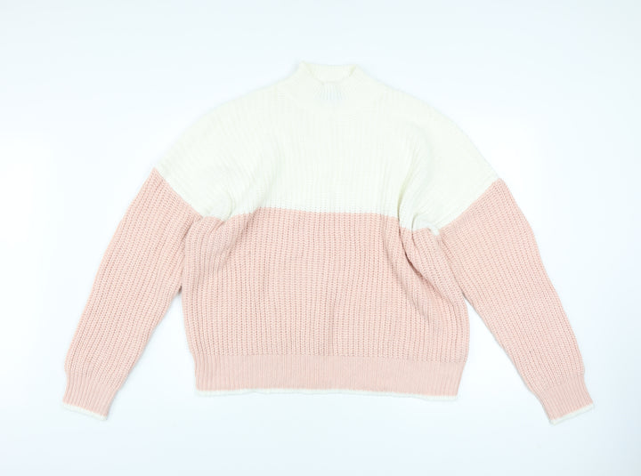 New Look Women's Pink & White Chunky Knit Mock Neck Jumper Size L