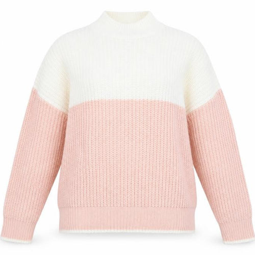 New Look Women's Pink & White Chunky Knit Mock Neck Jumper Size L