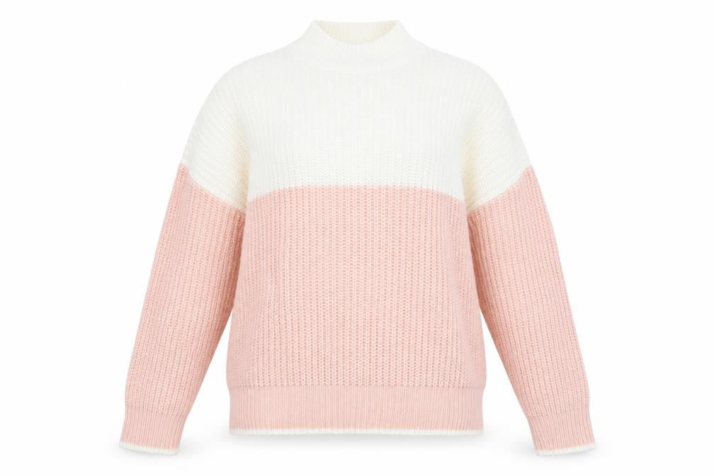 New Look Women's Pink & White Chunky Knit Mock Neck Jumper Size L