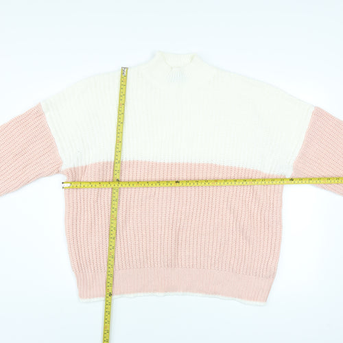 New Look Women's Pink & White Chunky Knit Mock Neck Jumper Size L