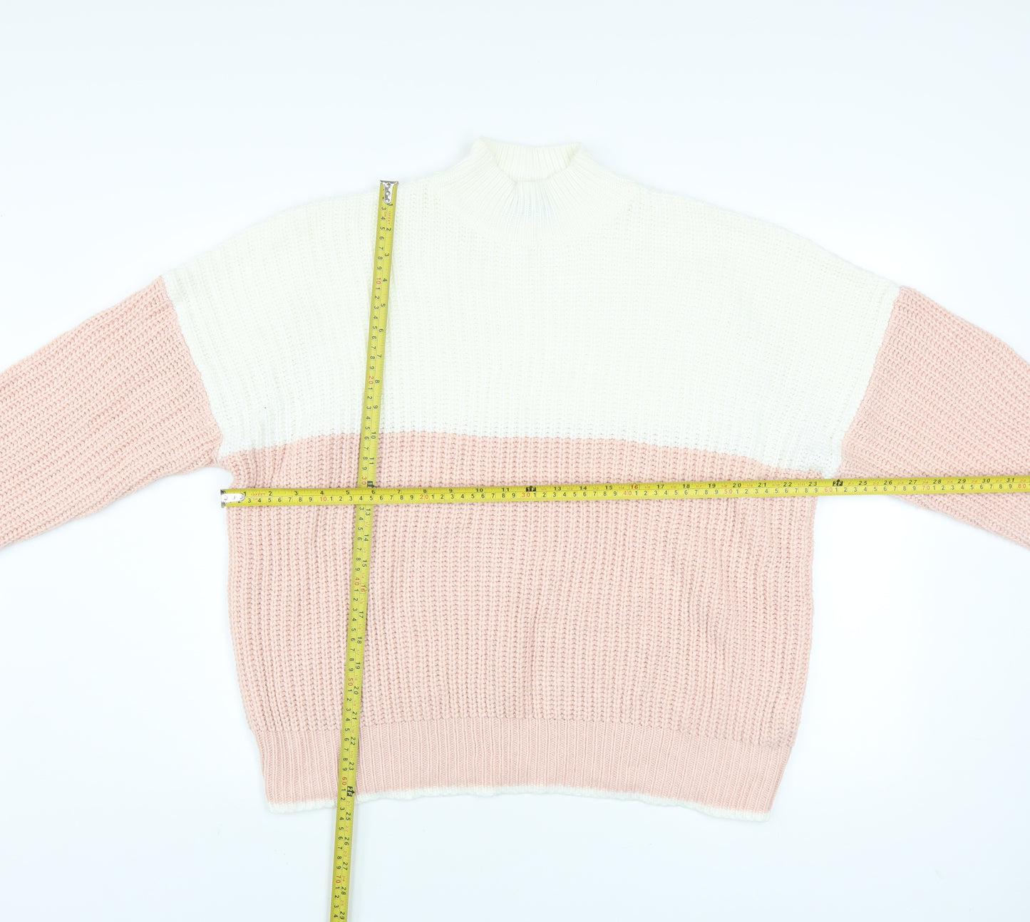 New Look Women's Pink & White Chunky Knit Mock Neck Jumper Size L