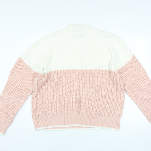 New Look Women's Pink & White Chunky Knit Mock Neck Jumper Size L