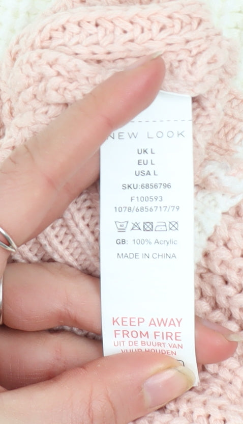 New Look Women's Pink & White Chunky Knit Mock Neck Jumper Size L